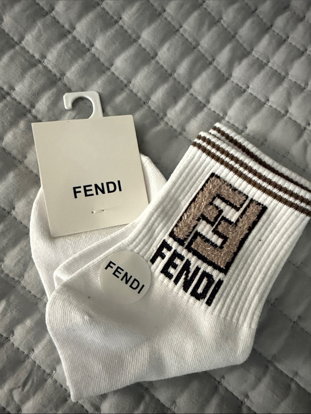 Fendi White & Brown Logo Crew Socks